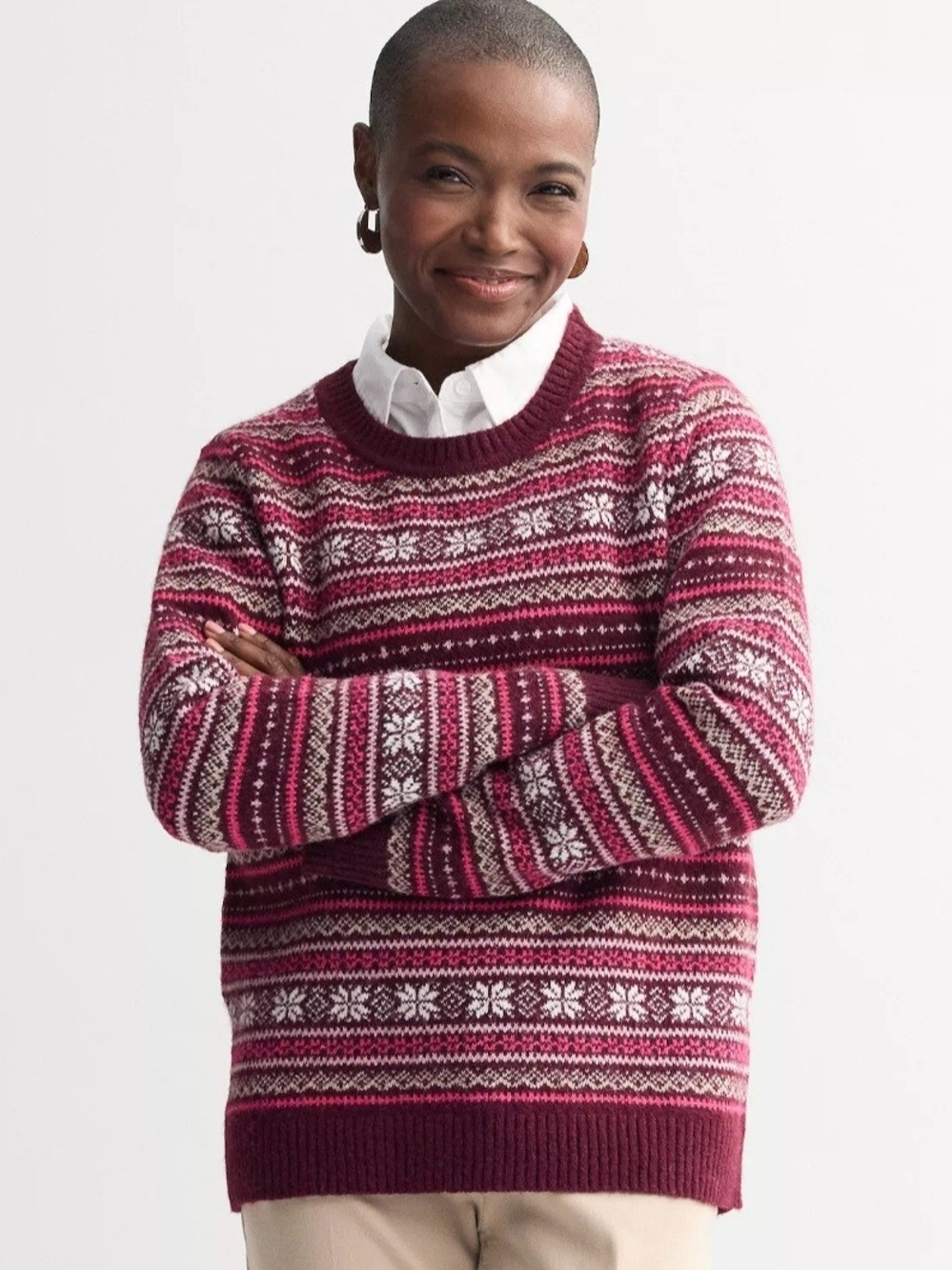 Croft&Barrow Women's Burgundy Fair Isle Crewneck Sweater
